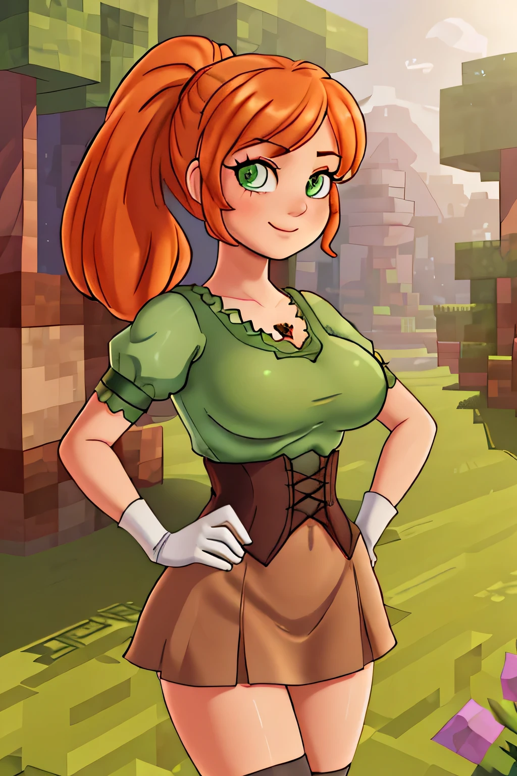 close up 1girl in, photo of Alex, Alex Minecraft, Solo, (short messy orange hair, short ponytail over left shoulder, thick Ginger hair, (green eyes: 1.2), (perfect clear skin, pale skin, detailed skin, large breasts, round breasts, perfect body, skinny, thin), (thin hips, thin waist: 1.25), neutral face, mischievous smile, ((wearing American McGee's Alice in Wonderland steampunk dress, gloves, striped stockings)), (high detailed giant mystical forest, Minecraft world, (realistic photo, best quality, detailed), (8k wallpaper), (cinematic lighting, beautiful light, (noon:1.3)) (sharp focus, intricate), (dslr, realistic, looking at viewer, sharp focus, delicate, soft colors, cinematic)