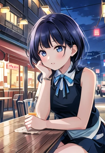 (8k, best quality, masterpiece:1.2),(best quality:1.0),ultra highres:1.0,  extremely detailed, render, 4k, absurdres, HDR, 
 lips, parted lips, closed mouth, medium breasts, (pov across table), sitting on chair, table, (arm support),(arm rest),by the window,distracted,sitting,collared shirt, sleeveless, bare shoulders, night,cafe,looking away,neon lights,streetspace,大きい胸、