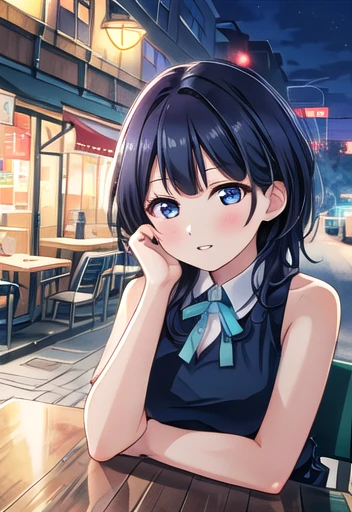 (8k, best quality, masterpiece:1.2),(best quality:1.0),ultra highres:1.0,  extremely detailed, render, 4k, absurdres, HDR, 
 lips, parted lips, closed mouth, medium breasts, (pov across table), sitting on chair, table, (arm support),(arm rest),by the window,distracted,sitting,collared shirt, sleeveless, bare shoulders, night,cafe,looking away,neon lights,streetspace,大きい胸、