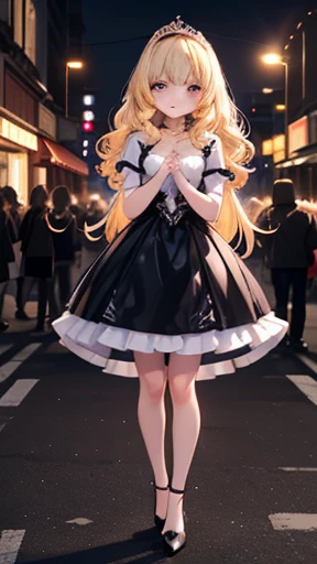 masterpiece, best quality, 1girl, very curly hair, blonde hair, shiny hair, tiara, diadem, medium breasts, glossy lips, good lighting, latifa fleuranza, black dress, own hands together, lips parted, city street, neon lights, night, crowd, standing, high heels,大きい胸、