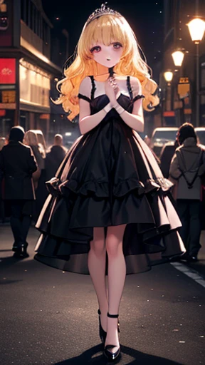 masterpiece, best quality, 1girl, very curly hair, blonde hair, shiny hair, tiara, diadem, medium breasts, glossy lips, good lighting, latifa fleuranza, black dress, own hands together, lips parted, city street, neon lights, night, crowd, standing, high heels,大きい胸、