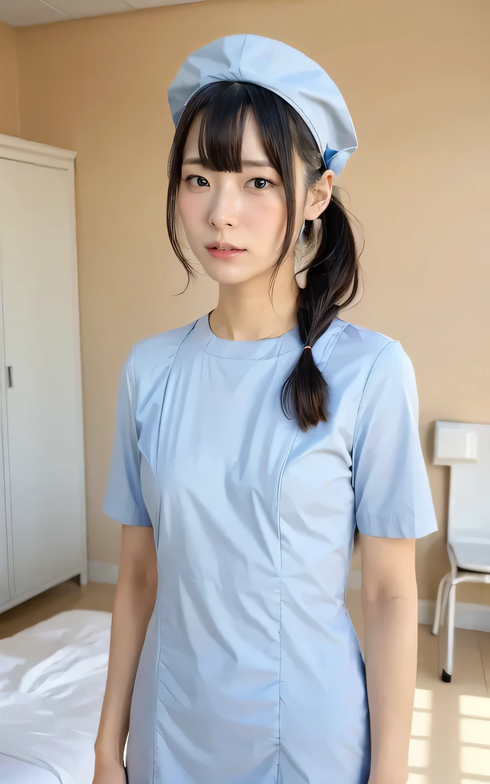 standing, small face, raw photo, white skin, full body, ((top quality, 8k, muste piece: 1.3)), beauty, one japanese girl, nurse, whole body, perfect anatomy, outstanding light and shadow, Highly detailed living room,clear and bright sunlight,1 girl,lightly dressed、gaze looking beyond,black side,strong sunlight,delicate and messy hair,realistic skin texture, Are standing, black hair, Blunt Bangs, Lower ponytail, 20 years old, face focus, detailed face, highly detailed lips, fine eyes, sweaty skin: 1.2, nurse uniform, light blue dress, nurse cap, new hospital, white room