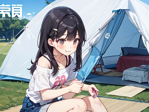 Fashion Magazine Cover:1.5, all white is on a magazine cover on a cartoonish background, ((sitting on the mat in tent)), knees to chest, camp, long hair, black hair, blush:1.5, t-shirt, mini skirt, happy smile, off shoulder, park, blue sky, windy, medium breasts, rest head, leaning forward,大きい胸、