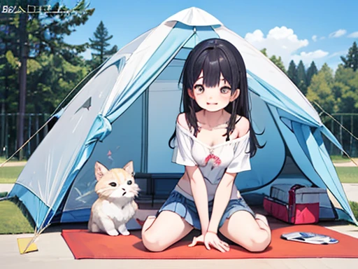 Fashion Magazine Cover:1.5, all white is on a magazine cover on a cartoonish background, ((sitting on the mat in tent)), knees to chest, camp, long hair, black hair, blush:1.5, t-shirt, mini skirt, happy smile, off shoulder, park, blue sky, windy, medium breasts, rest head, leaning forward,大きい胸、