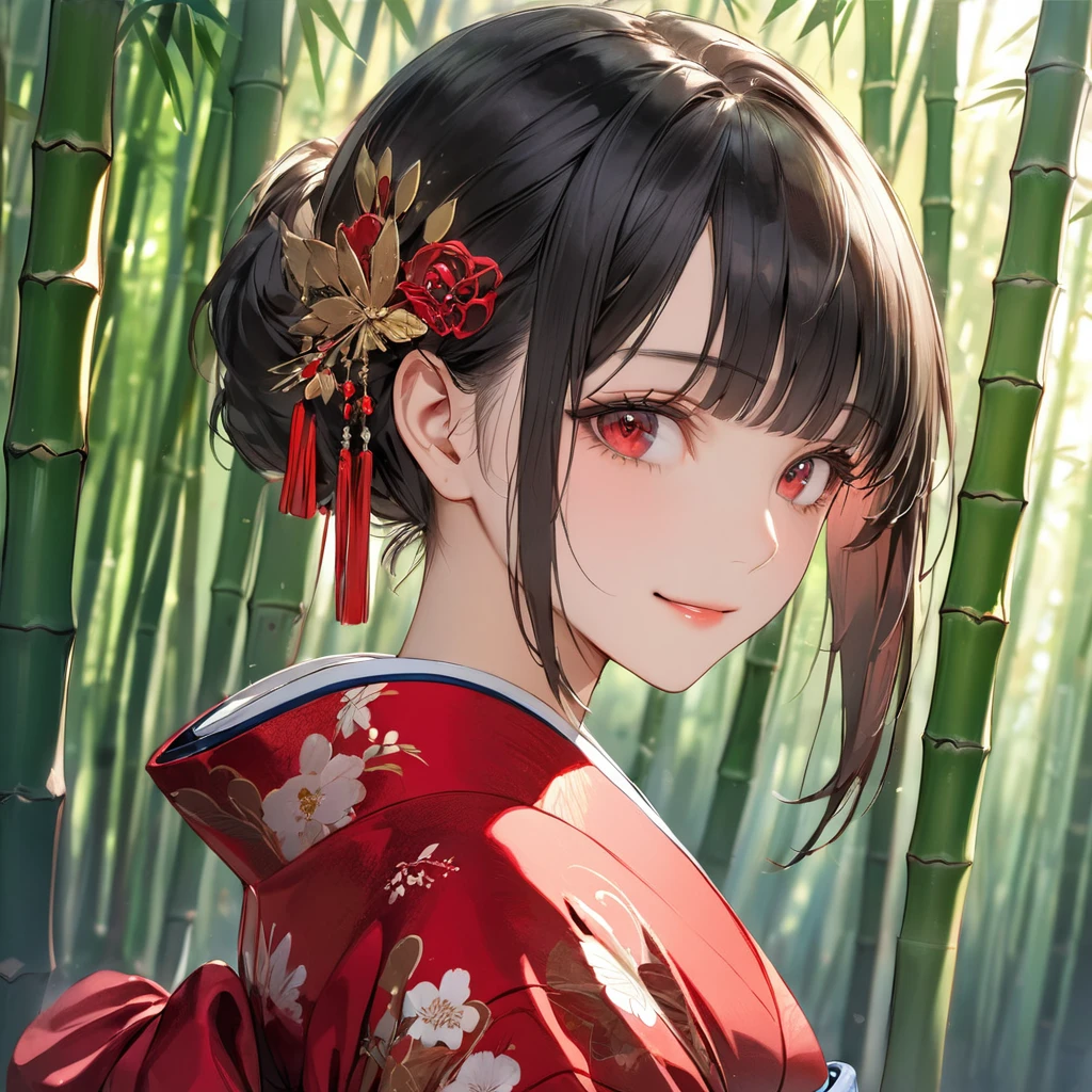 (((absurdres, highres, ultra detailed, HDR, master piece, best quality, extremely detailed, delicated features, noise removal))), (1 girl),(japanese princess),(small breasts),(beautiful silky black hair:1.2),blunt bangs,(From the side),(glancing sideways),beautiful and detailed red eyes,beautiful detailed red kimono fashion,japanese hairpin with detailed ruby,Disappointed,vivid tones,shy smile,in Bamboo forest,beautiful lighting,dramatic shadows,wide shot