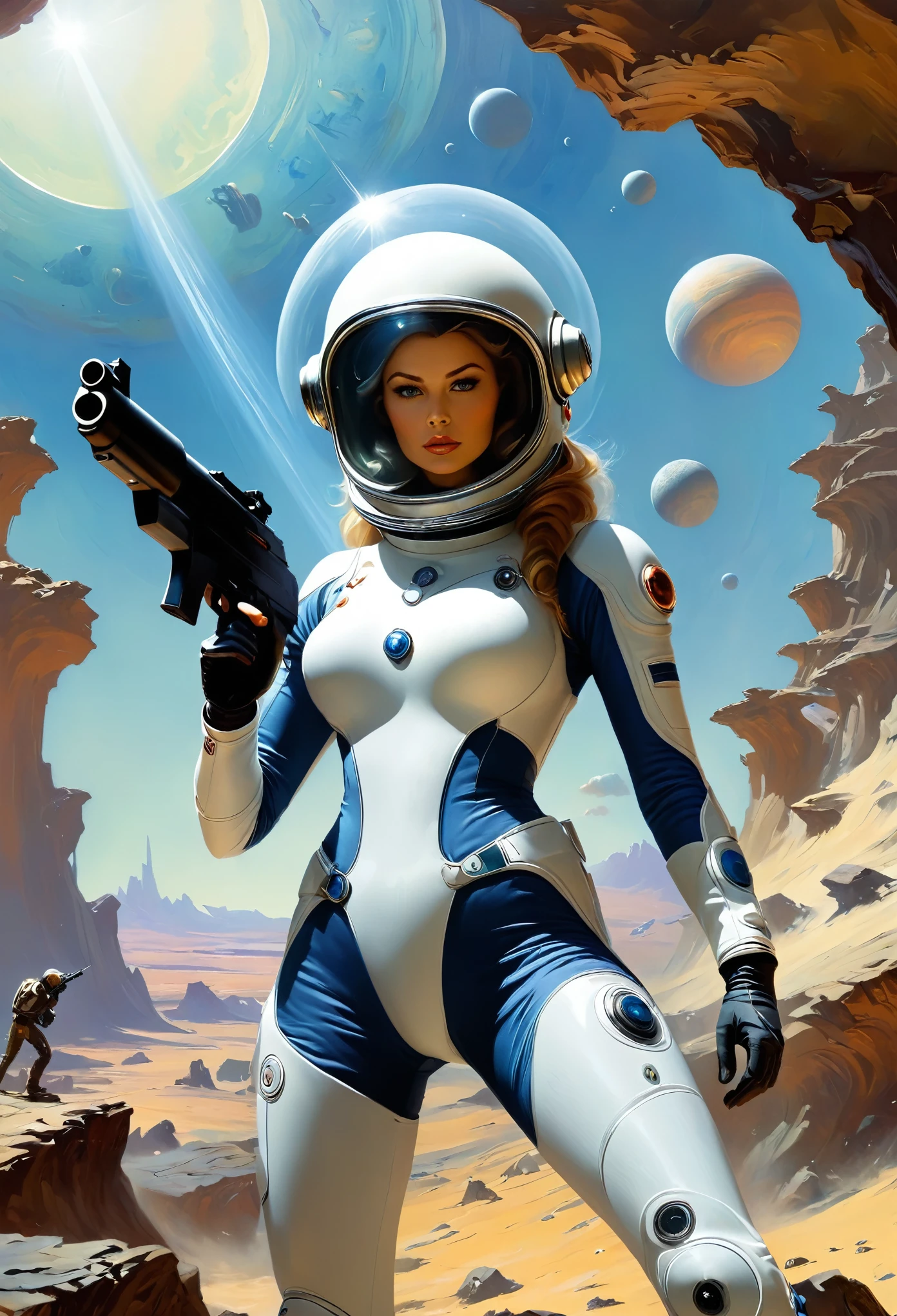 /I shapely scifi girl in tight space suit, space helmet, action pose, space ray gun, exploring a future world alien planet Frank Frazetta --ar 2:3 --stylize 250 --v 6.1