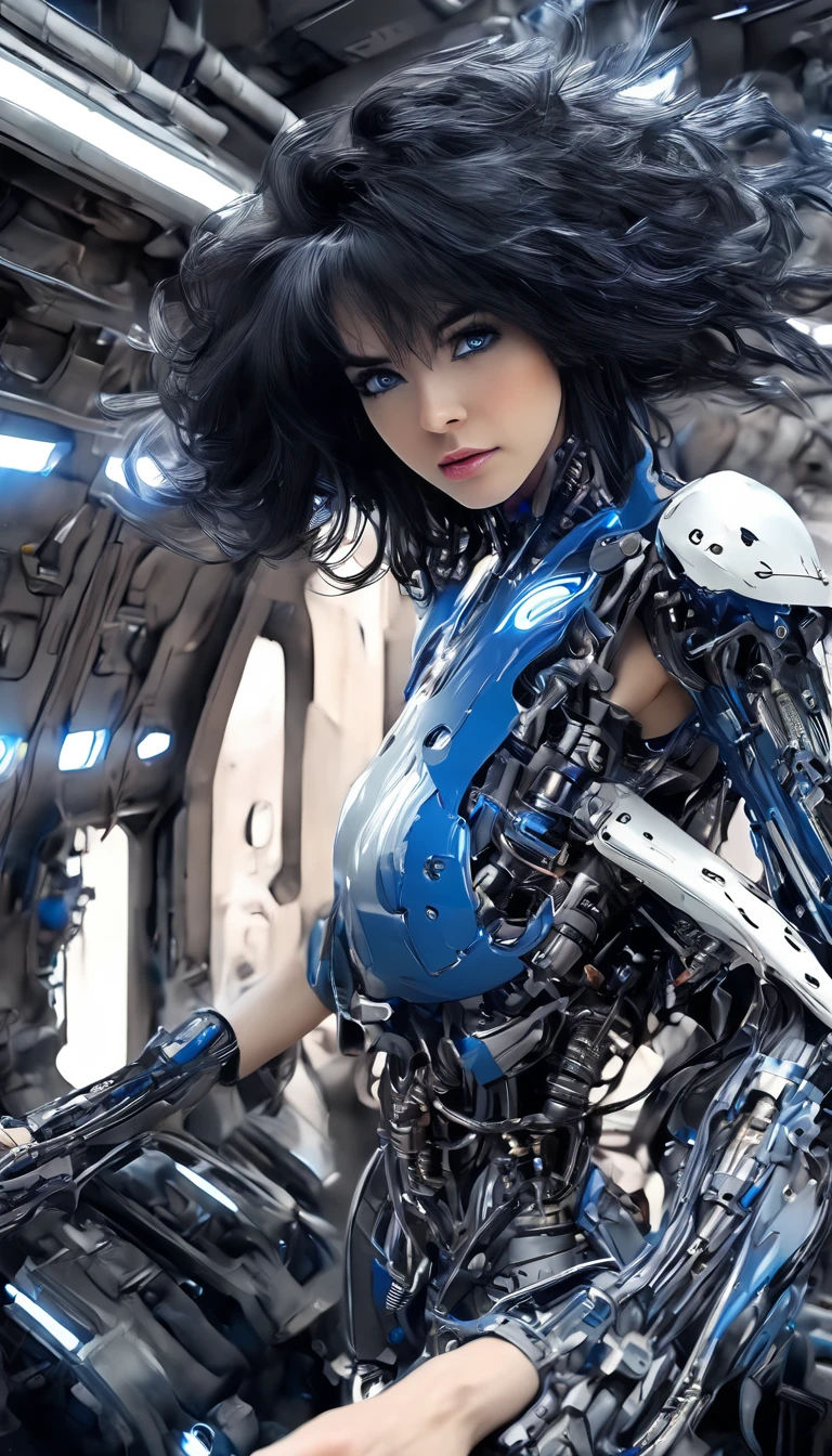 woman, Mechanical Blue Body ，Best Quality, masterpieceUltra HD, 8k,Futuristic spaceship interior，サイバーブルースーツを着たwoman，Black Hair，青 eyes，Shortcuts, Best Quality, High resolution, Ultra HD, blue eyes, 