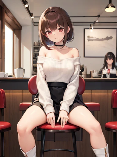 8K, top-quality, ​masterpiece, ultra-detailliert, Ultra-high resolution, cafes, a beauty girl, 18year old, (cafe:1.5), (table, sofas), (Holding coffee in hand:1.1), (naughty smile:1.1), (sitting on sofas, spread legs, skirt lift:1.5),(feet up), (panty shot, panty focus, close up, showing panties), (detailed floral pattern panties), coffee on table, middle hair, ponytail, sidelock, sweater, bare shoulder, necklace, mini Ruffle skirt, (spoken heart:1.3), Dutch Angle Shots, from below, sparkling pupils, gleaming skin, (a person, crowd)