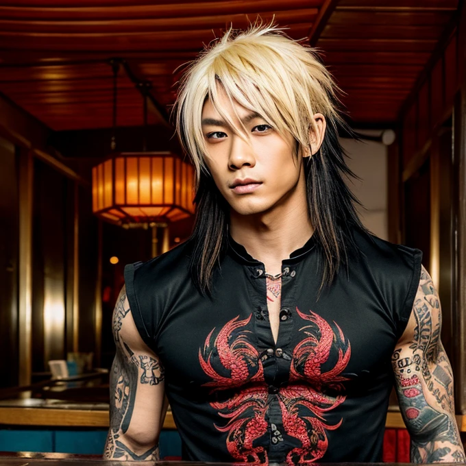 1 man, Japanese man, male, Asian eyes, muscular, broad shoulders, dragon tattoos, hairstyle Visual Kei style, hair Visual Kei, black men's shirt and black pants, ultra detailed face, hyperrealistic, realistic representation, long hair, long hair, 30 years old, age 30 years, blond, blonde hair