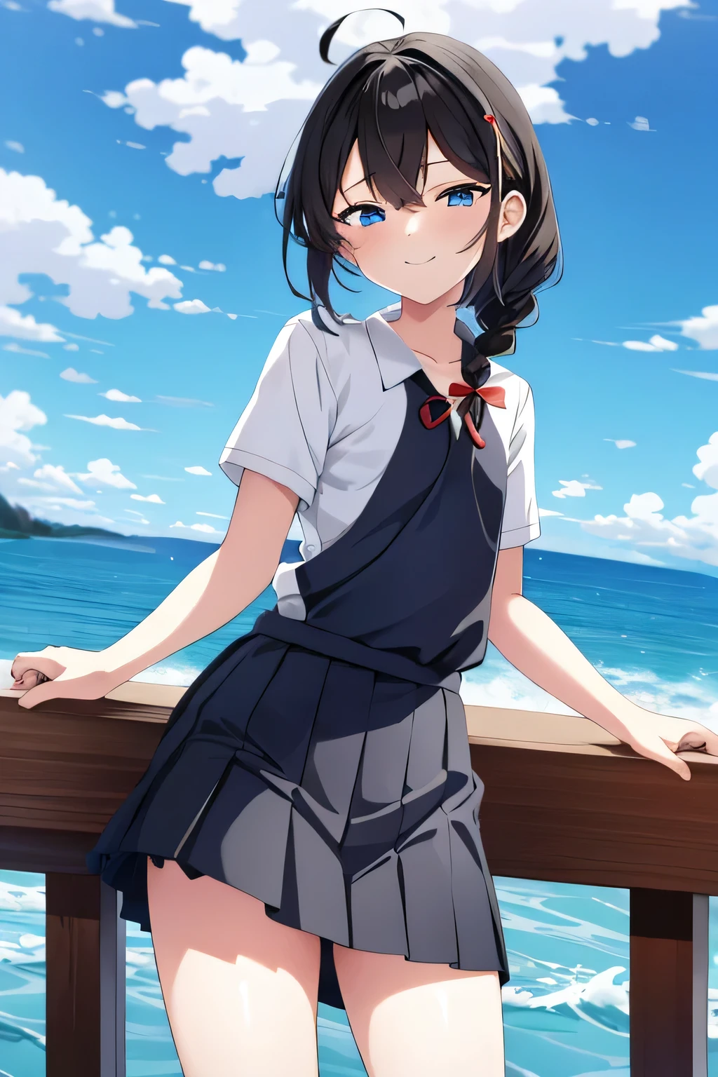 (masterpiece), highly detailed, best quality, 1girl, ShigureKancolle, ShigureBase, school uniform, pleated skirt, black hair, fine detailed shiny blue eyes, long hair, large braid, outdoor, ocean view, gentle smile, flat chest, cowboy shot, looking at viewer, flat hair, ahoge, immature, young