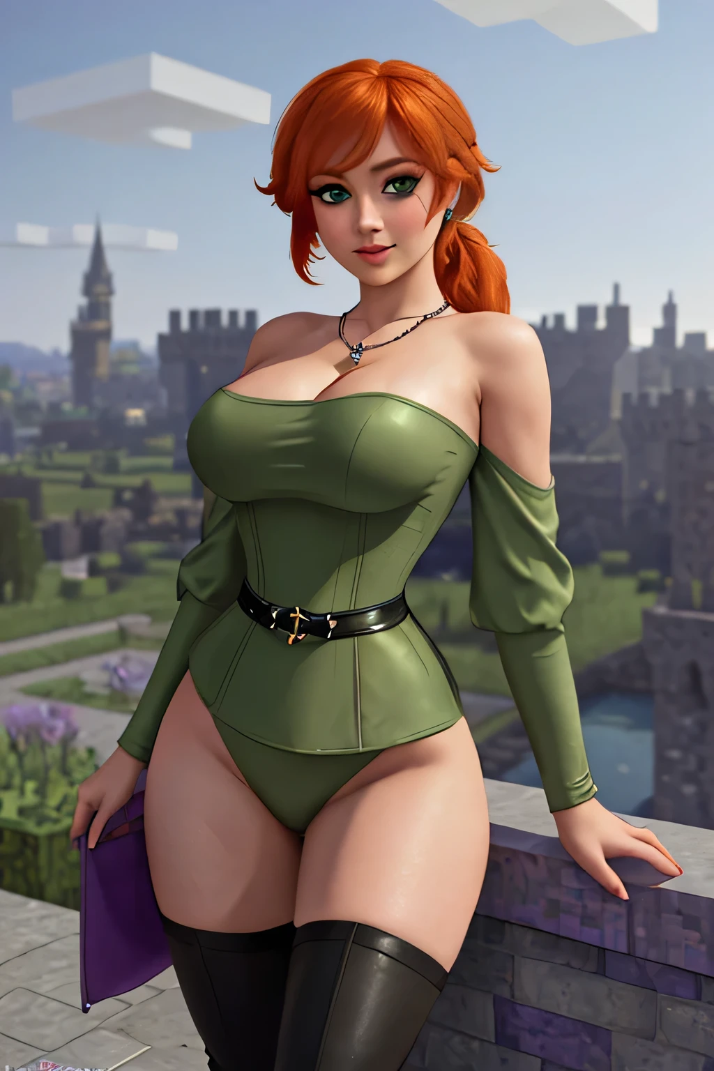 close up 1girl in, photo of Alex, Alex Minecraft, Solo, (short messy orange hair, short ponytail over left shoulder, thick Ginger hair, (green eyes: 1.2), (perfect clear skin, pale skin, detailed skin, large breasts, round breasts, perfect body, skinny, thin), (thin hips, thin waist: 1.25), neutral face, mischievous smile, ((key necklace, (wearing full length wizard robes purple, corset, bare shoulders, thigh high boots, chains:1.1), (dancing pose:1.21), (detailed Castle roof background:1.1), rooftop, overlooking medieval city, Minecraft world, (realistic photo, best quality, detailed), (8k wallpaper), (cinematic lighting, beautiful light, (noon:1.3)) (sharp focus, intricate), (dslr, realistic, looking at viewer, sharp focus, delicate, soft colors, cinematic)