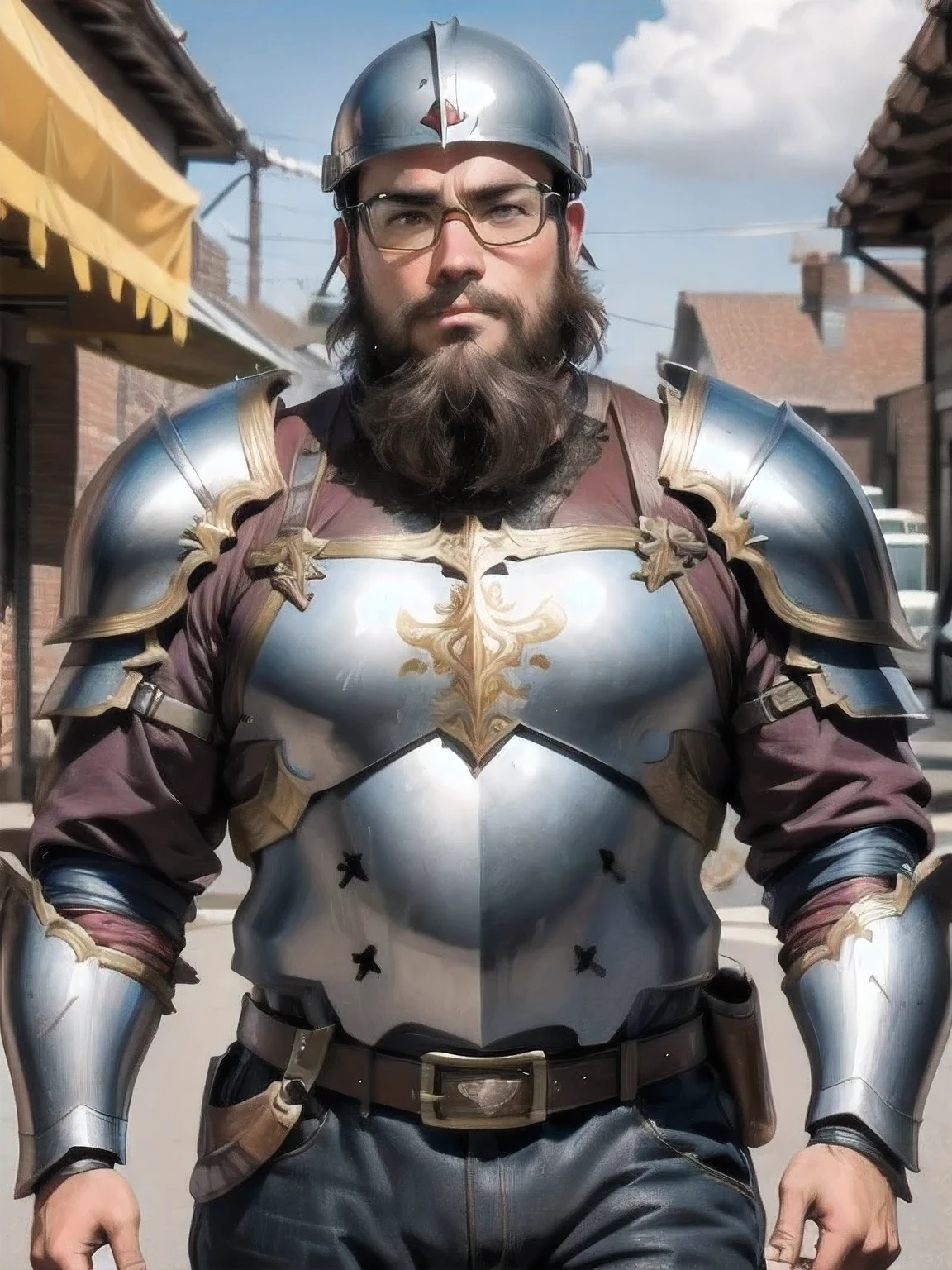 Paladin, 1 male, solo, Glasses, obesity, beard, armor, Steel Helmet,Cowboy Shot