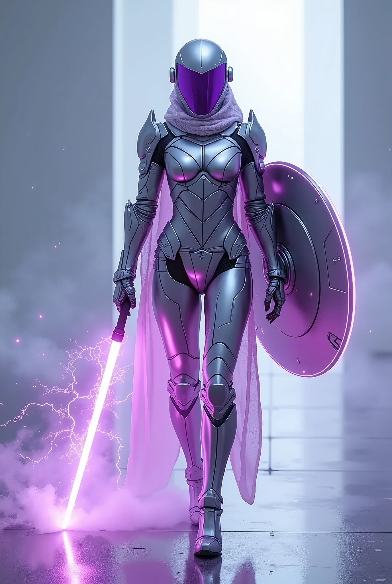 Create a stunning masterpiece featuring a futuristic paladin in the style of a metal hero, standing as the central figure. She is adorned in sleek, silver metallic armor that covers her entire body, with sharp, angular lines that convey strength and agility. Her full helmet, with a purple-tinted visor, reflects her calm yet commanding presence. In one hand, she holds a riot stick crackling with purple electricity, while in the other, she wields a shimmering force shield that pulses with energy, creating a protective barrier around her.

Surrounding her are soft, floating particles that resemble glowing violet petals, accentuating her grace and power. A subtle silhouette effect is introduced between her striking figure and the glowing particles, adding depth and contrast to the scene. The silhouette creates a dynamic separation, highlighting the sleek, futuristic design of her armor and weapon, while blending harmoniously with the electric energy surrounding her.

The background is a minimalist, high-tech landscape bathed in a cool, ethereal light, which softly illuminates her armor and shield, casting a futuristic glow over the entire setting. The purple hues from her visor and weapon complement the gentle lighting, creating an otherworldly atmosphere. The balance of the glowing force shield, the electric riot stick, and the sleek, silver armor emphasizes her role as a powerful protector in a sci-fi world, blending beauty, strength, and high-tech sophistication into a captivating, futuristic paladin.