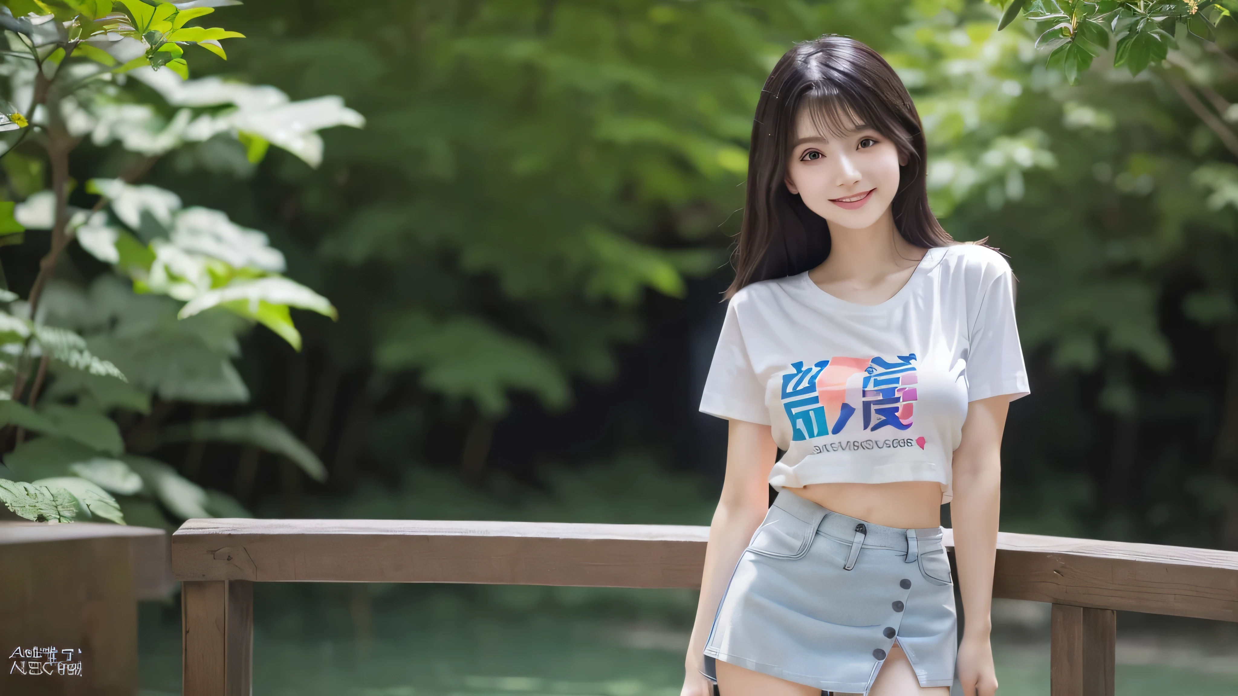1womanl,Brown hair, japanes,((a junior high school student)),Beautiful breasts,((White Tube Top T-Shirt,falda corta)),slender style,,(Facing the front)((()),(())),((( Portrait on the knee))),,((()))(())