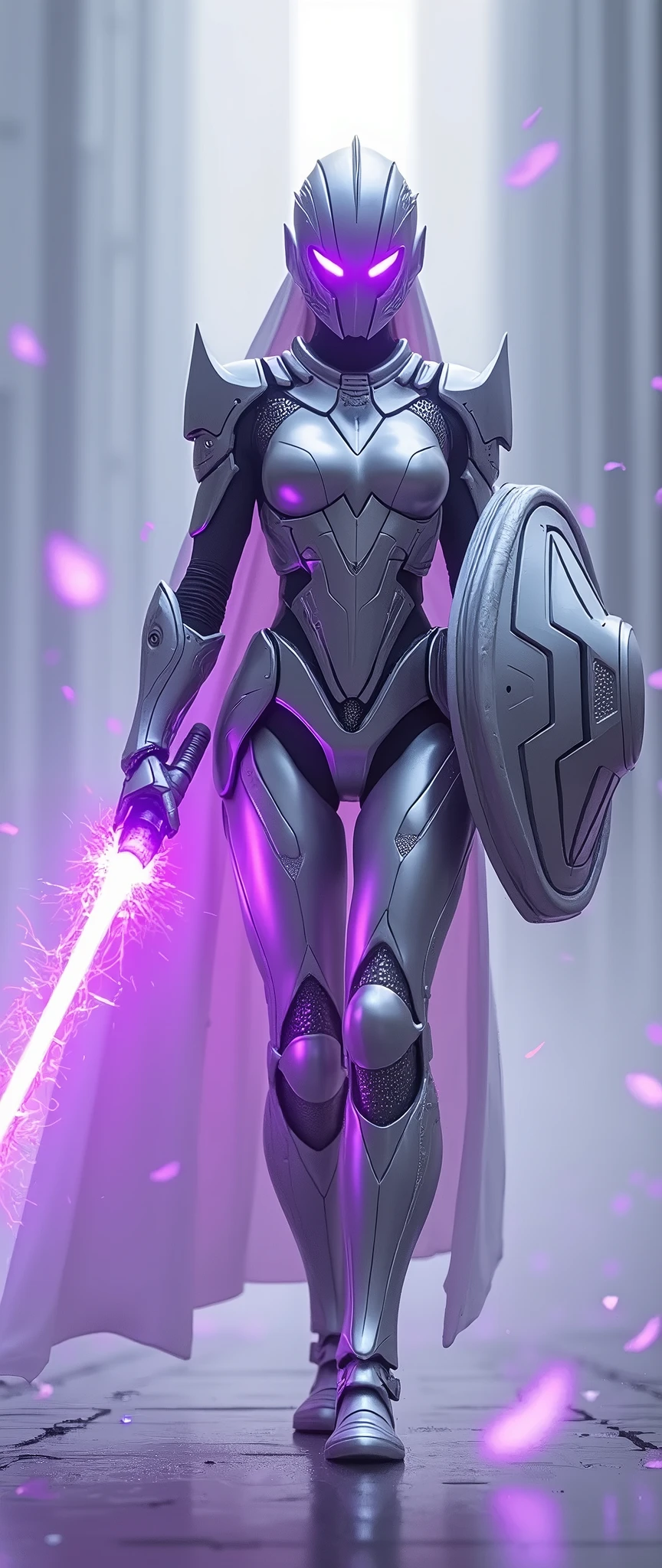 Create a stunning masterpiece featuring a futuristic paladin in the style of a metal hero, standing as the central figure. She is adorned in sleek, silver metallic armor that covers her entire body, with sharp, angular lines that convey strength and agility. Her full helmet, with a purple-tinted visor, reflects her calm yet commanding presence. In one hand, she holds a riot stick crackling with purple electricity, while in the other, she wields a shimmering force shield that pulses with energy, creating a protective barrier around her.

Surrounding her are soft, floating particles that resemble glowing violet petals, accentuating her grace and power. A subtle silhouette effect is introduced between her striking figure and the glowing particles, adding depth and contrast to the scene. The silhouette creates a dynamic separation, highlighting the sleek, futuristic design of her armor and weapon, while blending harmoniously with the electric energy surrounding her.

The background is a minimalist, high-tech landscape bathed in a cool, ethereal light, which softly illuminates her armor and shield, casting a futuristic glow over the entire setting. The purple hues from her visor and weapon complement the gentle lighting, creating an otherworldly atmosphere. The balance of the glowing force shield, the electric riot stick, and the sleek, silver armor emphasizes her role as a powerful protector in a sci-fi world, blending beauty, strength, and high-tech sophistication into a captivating, futuristic paladin.