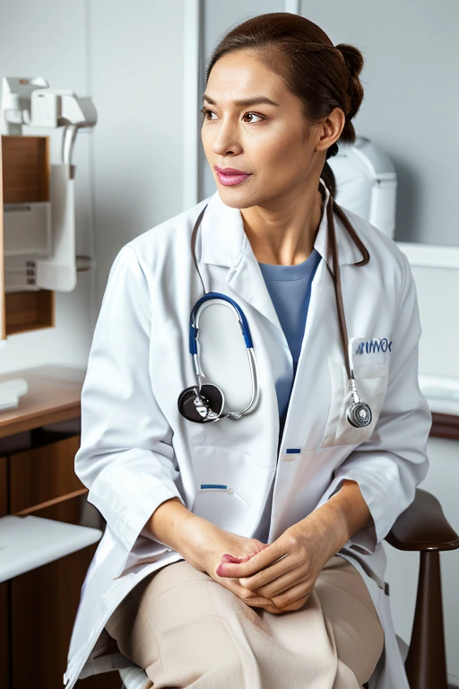 (Highest quality), (Ultra high resolution), (Facial fine structure), (8K image),

(Japanese woman) (Older doctor) (Aeg45) (Middle-aged woman)

(Brown hair in a low ponytail: 1.55)
(Female doctor sitting in a chair examining a patient)
(Looking at me) Examination room, examination, staring at each other, stethoscope

(Long white doctor coat: 1.55)
(Under a sheer pure white blouse coat)
(Tight midi skirt)