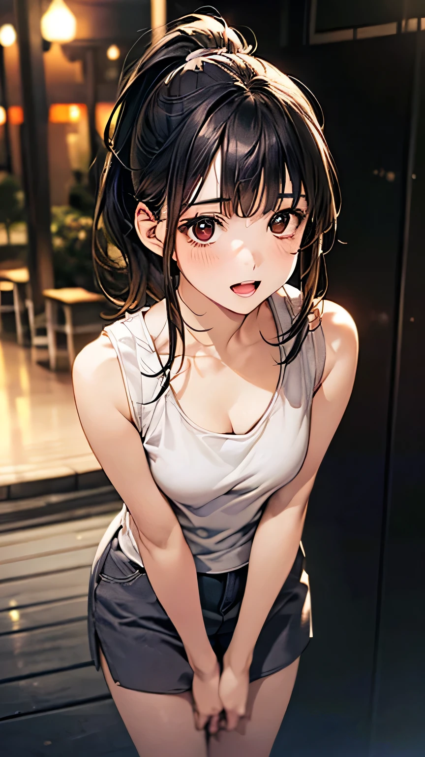 (masterpiece:1.3, highest quality), Ultra-high resolution, Super detailed, (Realistic, photoRealistic:1.4), Beautiful illustrations, Perfect lighting, colorful, Depth of written boundary, 1 Girl、Tank top、Denim shorts、summer、Sweat、In town、Thighs、Beautiful Face、Beautiful body、chest、smile