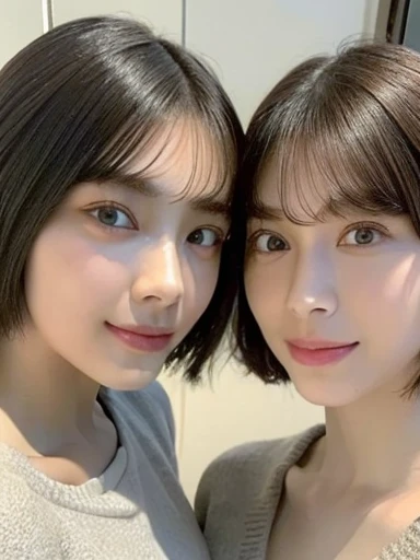 (masterpiece:1.3), (8k, Photoreal, Raw photo, best image quality: 1.4), Japanese high school girl、(random hairstyle:1.2)、cleavage:1.5、super detail face、eye for details、double eyelid、chest to chest、sharp focus:1.2、Beautiful woman:1.4、light brown hair、highest quality、masterpiece、超A high resolution、(Photoreal:1.4)、Highly detailed and professionally lit smiles、loose and light knitwear、shoulder out、thin、serious expression、short haired、deadly position
similar identical twins
All the girls have the exact same face, The two have the same face and figure, as if they were mirror images.