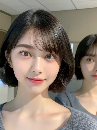 (masterpiece:1.3), (8k, Photoreal, Raw photo, best image quality: 1.4), Japanese high school girl、(random hairstyle:1.2)、cleavage:1.5、super detail face、eye for details、double eyelid、chest to chest、sharp focus:1.2、Beautiful woman:1.4、light brown hair、highest quality、masterpiece、超A high resolution、(Photoreal:1.4)、Highly detailed and professionally lit smiles、loose and light knitwear、shoulder out、thin、serious expression、short haired、deadly position
similar identical twins
All the girls have the exact same face, The two have the same face and figure, as if they were mirror images.