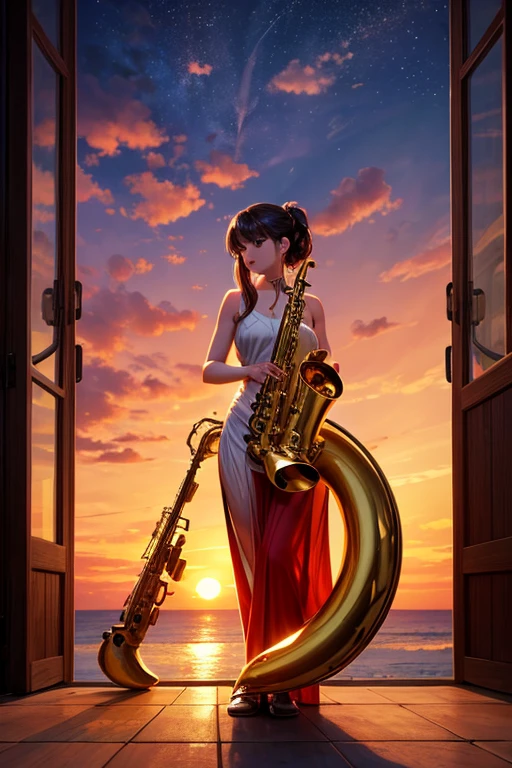 A super-realistic animation of a beautiful and elegant woman playing the saxophone on a beautiful beach at sunset.