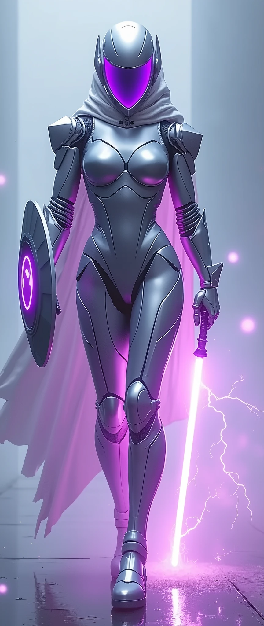 Create a stunning masterpiece featuring a futuristic paladin in the style of a metal hero, standing as the central figure. She is adorned in sleek, silver metallic armor that covers her entire body, with sharp, angular lines that convey strength and agility. Her full helmet, with a purple-tinted visor, reflects her calm yet commanding presence. In one hand, she holds a riot stick crackling with purple electricity, while in the other, she wields a shimmering force shield that pulses with energy, creating a protective barrier around her.

Surrounding her are soft, floating particles that resemble glowing violet petals, accentuating her grace and power. A subtle silhouette effect is introduced between her striking figure and the glowing particles, adding depth and contrast to the scene. The silhouette creates a dynamic separation, highlighting the sleek, futuristic design of her armor and weapon, while blending harmoniously with the electric energy surrounding her.

The background is a minimalist, high-tech landscape bathed in a cool, ethereal light, which softly illuminates her armor and shield, casting a futuristic glow over the entire setting. The purple hues from her visor and weapon complement the gentle lighting, creating an otherworldly atmosphere. The balance of the glowing force shield, the electric riot stick, and the sleek, silver armor emphasizes her role as a powerful protector in a sci-fi world, blending beauty, strength, and high-tech sophistication into a captivating, futuristic paladin.