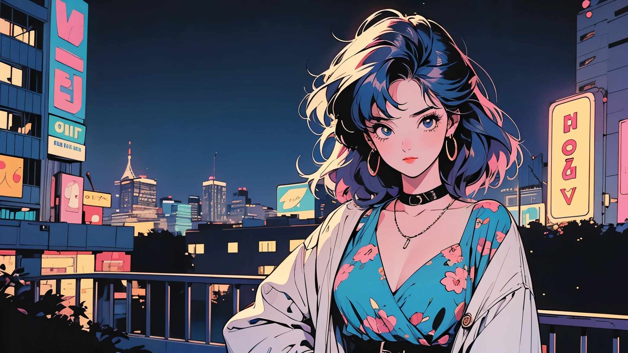 A woman in a blue dress standing in front of a city at night - SeaArt AI
