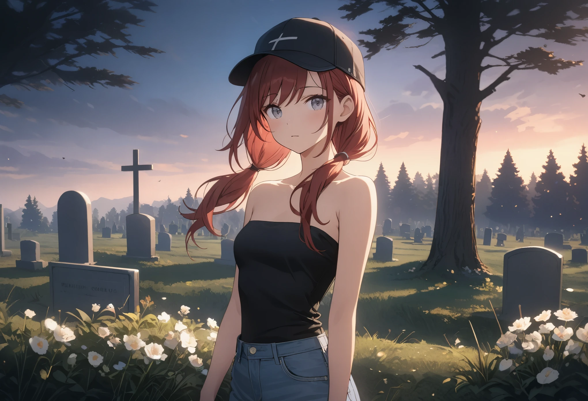 anime, ((close up, stoic young woman looking down at grave, gray eyes,dark red hair, swept bangs)), hair scrunchie, low twin tails, (strapless black tank top, black baseball cap, jeans), graveyard, willow trees, ((tombstones, holding own arm, flowers, raining, puddles, reflective water)), night,(Very Thin),Swept Bangs, (Toned Arms), c (Masterpiece:1.2), Best Quality, high resolution, unity 8k wallpaper, illustration:0.8, beautiful detailed eyes:1.6, extremely detailed face, perfect lighting, extremely detailed CG, perfect hands, perfect anatomy