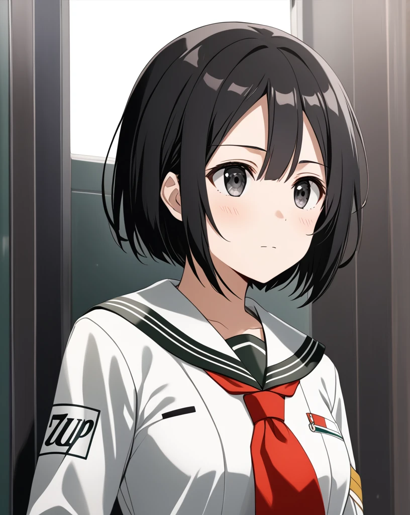 Score_9, Score_8_up, Score_7_up,
One Girl, Alone, short hair,Black Hair, Black Eyes,Hair between the eyes, short hair, Long sleeve,uniform, White Dress,Red Tie,Sailor Dress,