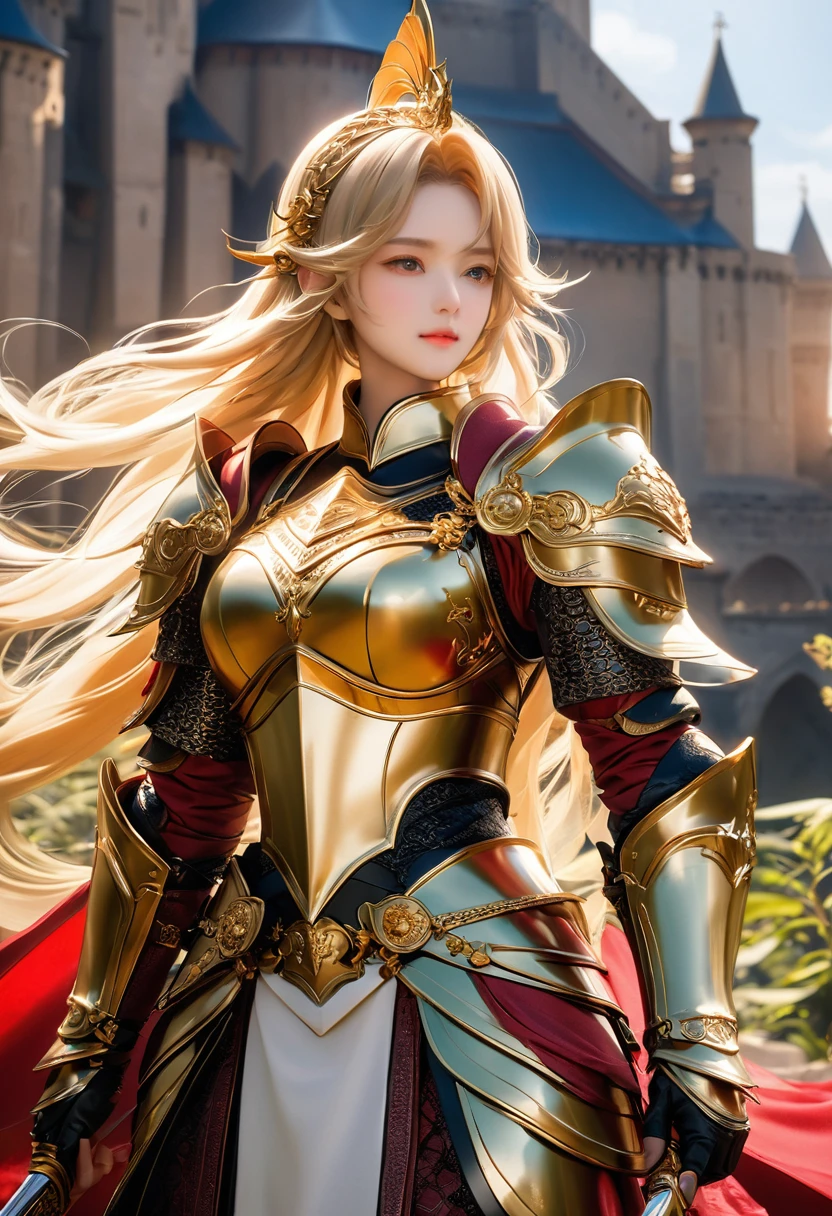 (best quality,4k,8k,highres,masterpiece:1.2), realistic, vivid colors, long blonde hair adorned with many colorful flowers, beautiful detailed eyes, beautiful detailed lips, extremely detailed eyes and face, heavy red armor, samurai girl, strong and confident posture, samurai sword shining in the sunlight, cherry blossom petals floating in the air, vibrant and dynamic background, traditional Japanese art style, strong and dramatic lighting, intense and powerful aura.