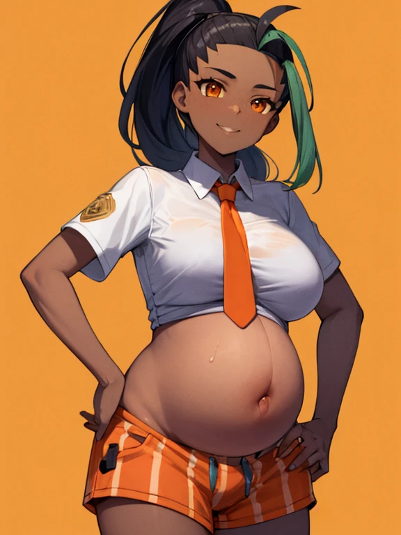 masterpiece, best quality, nemona, 1 pregnant girl, dark skinned female, tan skin, orange necktie, , busty, orange shorts, midriff, looking at viewer, white button down shirt, short sleeves, smile,hands in pockets, third trimester of pregnancy