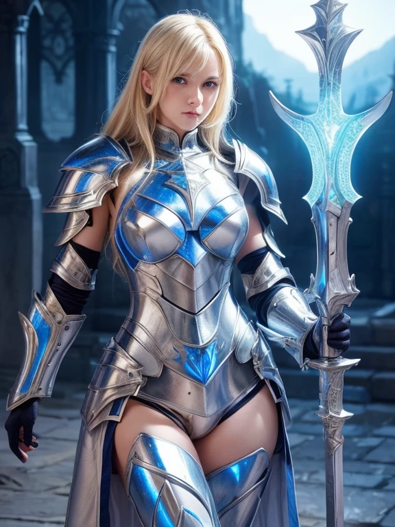 Blue eyes, glowing eyes, blue armor, bikini armor, big breasts, two tone hair, pig tails, masterpiece, midrif