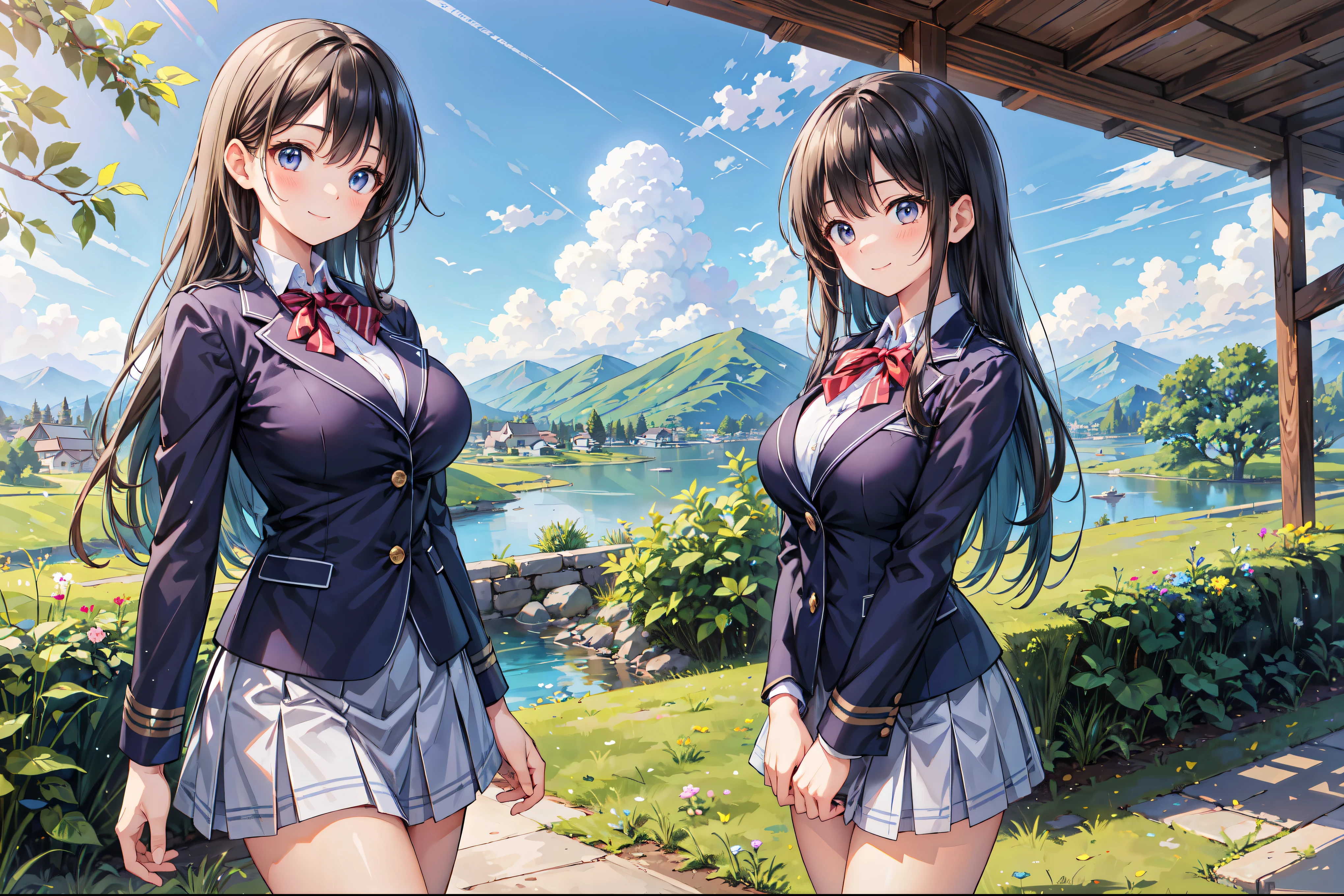 (((Masterpiece, 16k, Highest quality, Ultra-high resolution, Depth of subject))), ((Very detailed, Japanese countryside scenery)), (((High school girl in blazer uniform, 2 people, skirt, Big Breasts))), Beautiful girl in great detail, Very accurate body structure, Very precise body movements, Very cute smile, On the way home, 3pm, A peaceful landscape with a view of the sea, Warm sunshine, Grass Park, chat, We love each other, Touching each other&#39;s breasts, Naughty feelings, The love is unstoppable, hug, Very accurate perspective