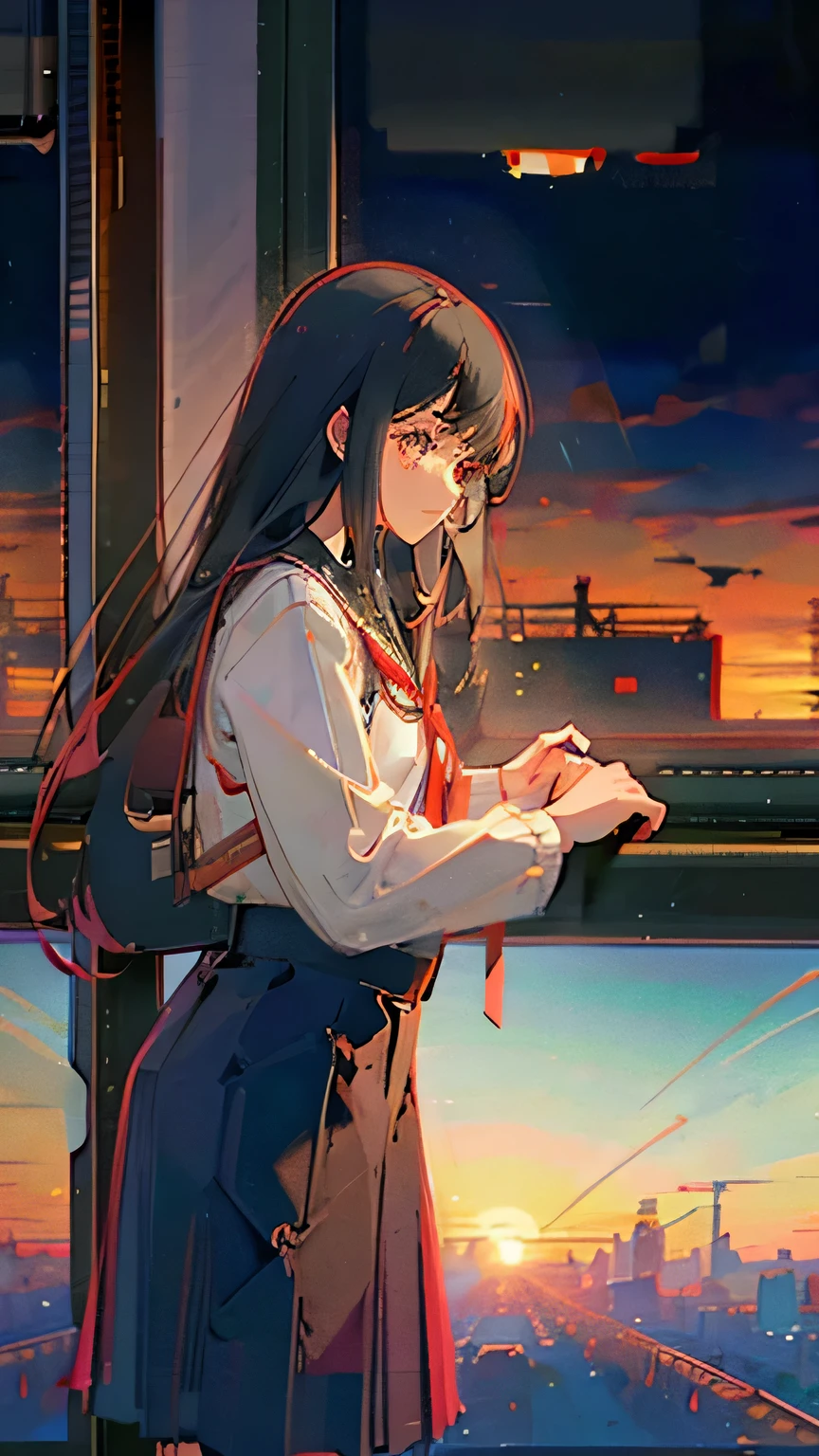 long black haired girl with brown eyes wearing a school uniform staring at the sunset, vibrant colors, ethereal, detailed, beautiful, solo, make it vivid, extremely detailed, ethereal, no glitches or warp at all, studying on the train