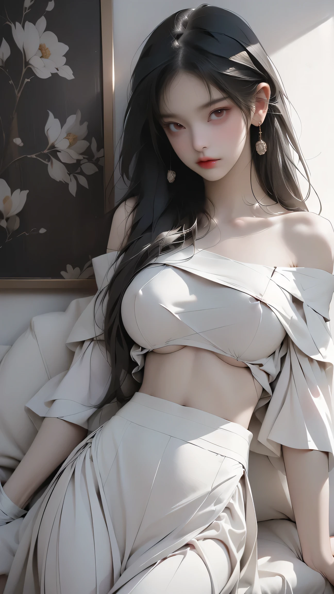 40k、photograph、、Highest quality、(1. Beautiful eyes、Light Hair、White skin、Mr. miss.々Pose、((Medium chest、:1.1))、Highest quality、Tabletop、Ultra-high resolution、(Real:1.4)、RAWphotograph、(Perfect Figure)、(slim、:1.3)。 3)、Slim abdomen、((Golden-haired woman)),((Straight bangs、Princess bangs)),((Very heavy、Very voluminous bangs:1.1)),((Very long、Very heavy、Very voluminous side locks:1. 1))、hime cut、Straight bangsヘアスタイル、Long Hair、The bangs are cut straight、(masterpiece、Highest quality:1. 5), (Ultra-fine 8K CG:1.4), (Hyperrealistic:1.25), (Photorealistic:1.25), (Real:1.4), COWBOY SHOT, (View from above:1.35), (from the front:1.4), (smile:1.3)、。 1 Japan Beautiful Girl、1、supermodel、Japanese Idols、(smile)、(Medium sized chest)、Sweat Muscles、(Off-the-shoulder semi-transparent white maid outfit:1.4)、COWBOY SHOT (Black and white monotone maid outfit 1.1), (Lying in bed 1.4), (Lying on your back 1.1), (Put your head on the pillow 1.1), (Full Body Shot), ((Floral panties are visible on a white background))、8K、Highest quality、(Real、Realism:1.37）、Highest quality、beautiful、Pensive expression、Charm、Captivating appearance、blue eyes、Light Skin Tone）((Dynamic Pose))、((Sexy pose))、((Raise your arms、Underarm)）、（top down：1.2）、Heterochromatic pupils,Silver Haired Girl,Free high resolution,Off the shoulder,Heterochromatic pupil,Silver Haired Girl,Wallpaper HD,Off the shoulder、((Nipples))、(Puffy eyes:1.2)、 (Slim legs),(Light on face and chest)、(((((Under the boobs)))))、Under the chest、Oily skin、Are thin、 (Under the chest側がわずかに見えている),(Lower milk is visible、Belly button and ribs visible)、The hips and lower abdomen are visible、black flared skirt、(Pull up your skirt)、I can see the little black underwear.