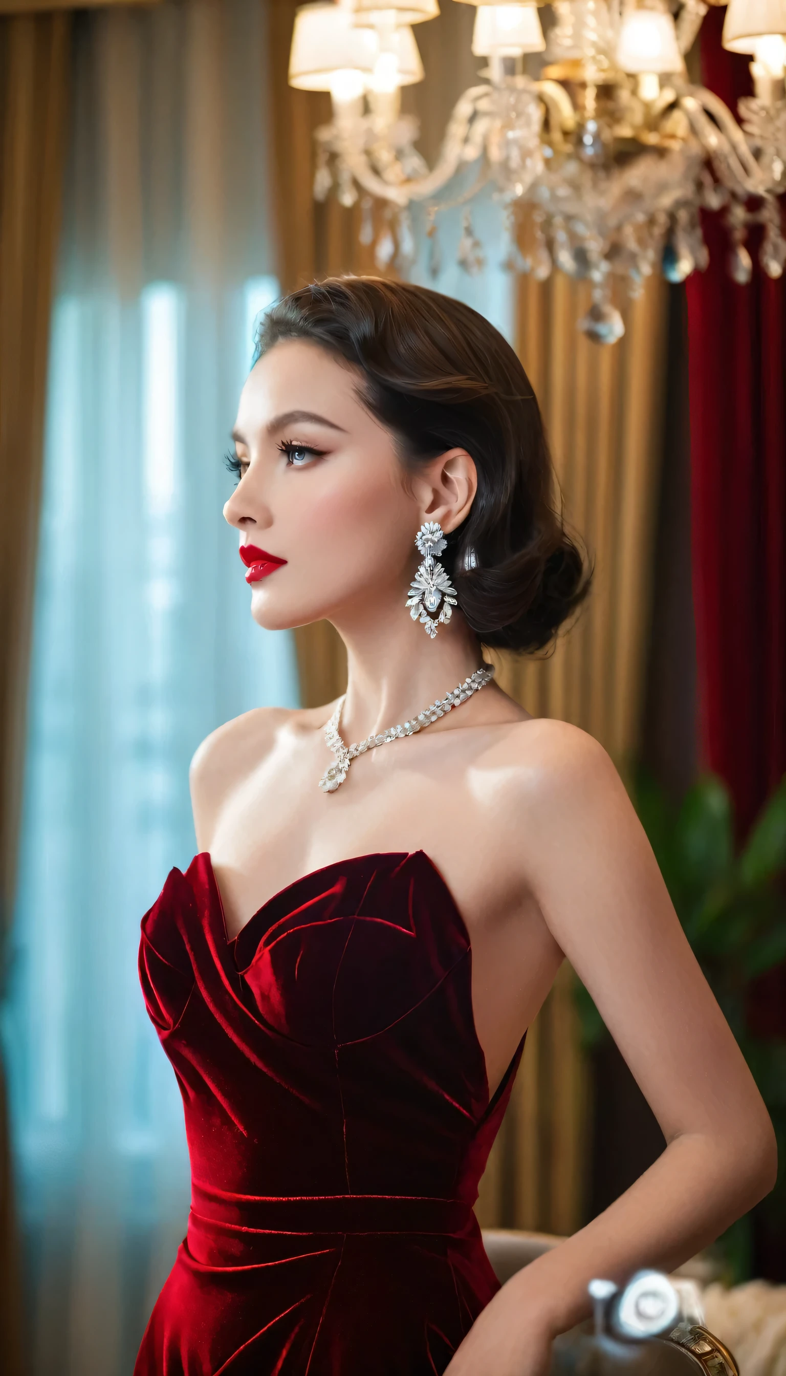 Classic Hollywood glamour, girl in a stunning red evening gown, dazzling accessories, (captivating eyes, red lips, flawless skin), luxurious backdrop, velvet curtains, dramatic pose, interesting composition, spotlight illumination, rich shadows, shallow depth of field, sparkling bokeh, exquisite details, high-resolution, 35mm film, timeless elegance. portrait photography, 35mm film, natural blurry,