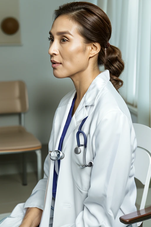 (Highest quality), (Ultra high resolution), (Facial fine structure), (8K image),

(Japanese woman: 1.55) (Mature doctor) (Aeg45) (Middle-aged woman)

(Brown hair in a low ponytail: 1.55)
(Female doctor sitting in a chair examining a patient)
(Looking at the viewer) Examination room, examination, staring at each other, stethoscope

(Long white doctor coat: 1.55)
(Under a sheer pure white blouse coat)
(Tight midi skirt),