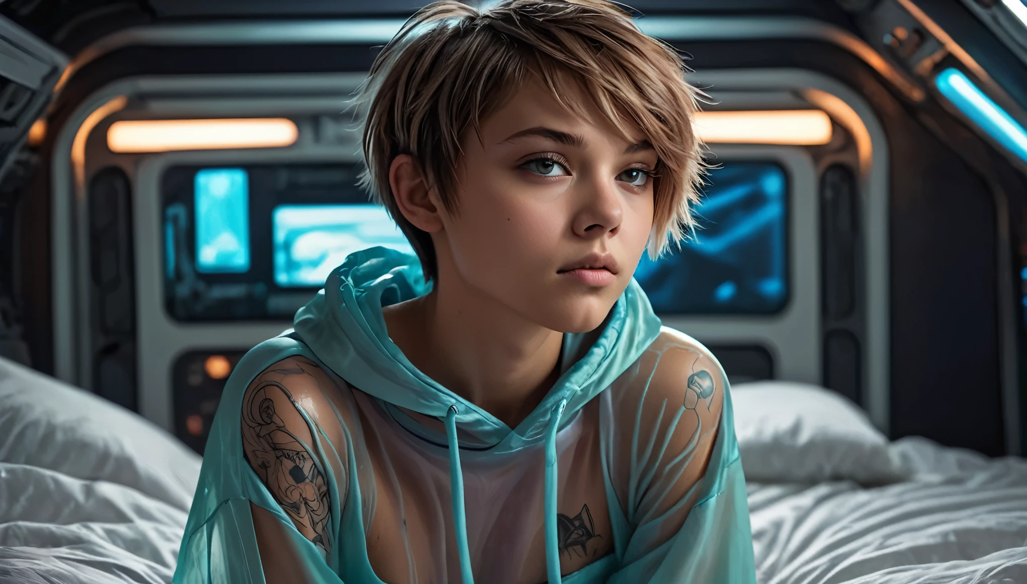 Top Quality, Masterpiece, High Resolution, 8k, wide objective, ((Teenager, , barely legal)), ((girl in an oversized thin see-through silky hoddie shirt, side boob, wide neckline, deep neckline, shiny sporty boxers)), ((bare belly, big perky breasts, detailed face, detailed eyes, thin eyebrow, detailed lips, small hips, no makeup, some tattoos)), (Tomboy Style, tomboyish), (randowm short hair style, straight hair, short pixie cut hair), (((in a spaceship on the bed, moody atmosphere, dim light, dramatic and neon colors, futuristic setting, intricate details, at night, random pose, neon colors))), full body view