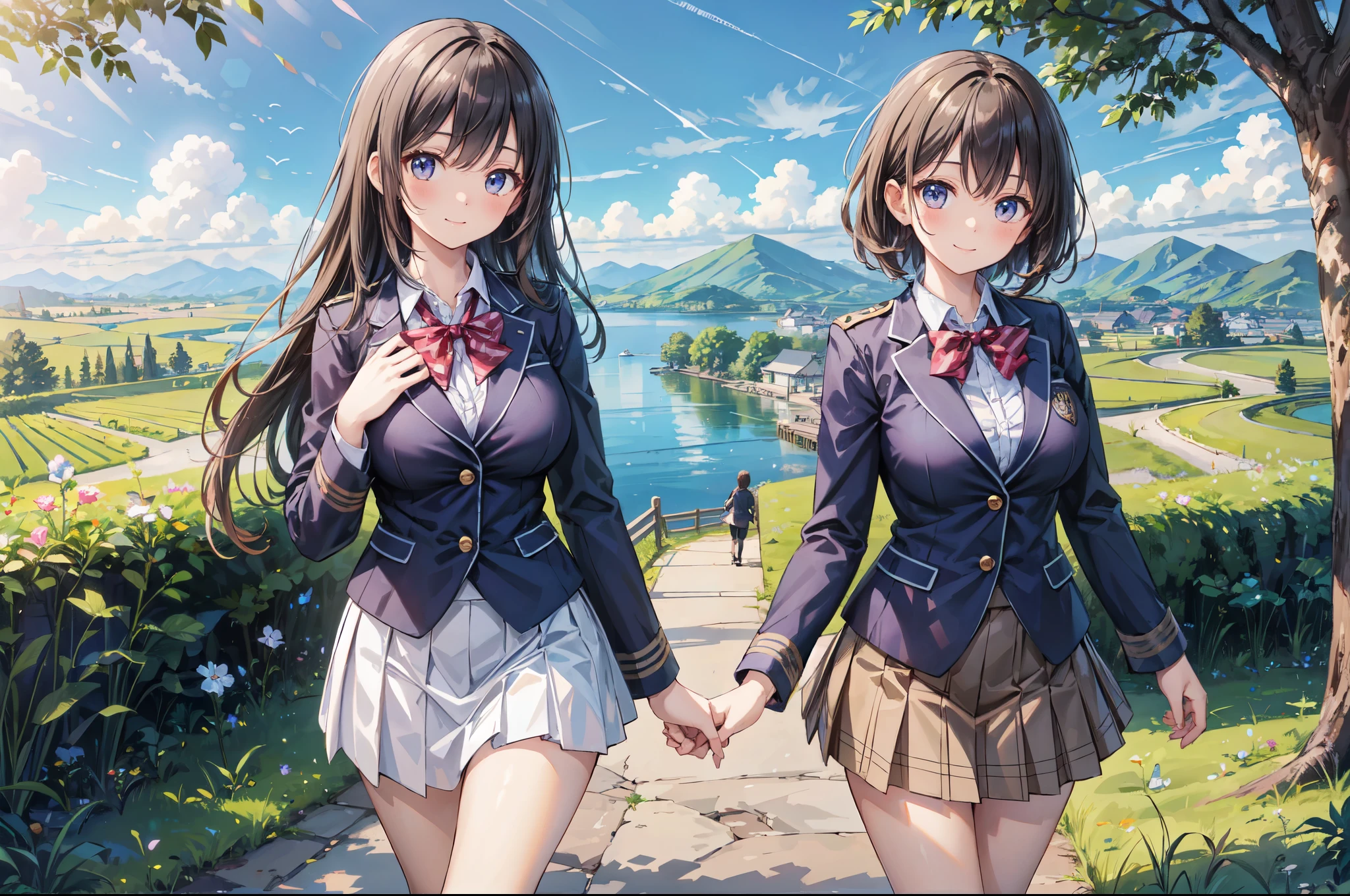 (((Masterpiece, 16k, Highest quality, Ultra-high resolution, Depth of subject))), ((Very detailed, Japanese countryside scenery)), (((High school girl in blazer uniform, 2 people, skirt, Big Breasts))), Beautiful girl in great detail, Very accurate body structure, Very precise body movements, Very cute smile, On the way home, 3pm, A peaceful landscape with a view of the sea, Warm sunshine, Grass Park, chat, We love each other, Touching each other&#39;s breasts, Naughty feelings, The love is unstoppable, hug, Very accurate perspective
