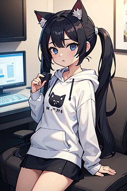 Super Fine、Very beautiful、masterpiece、Best Quality、masterpiece、16k、A small room with many computer monitors、White deformed cat、Black Hair、Shoulder-length twin tails、Cat ears、White T-shirt、Black zip hoodie、Black Mini Skirt、Game Controller、blanket