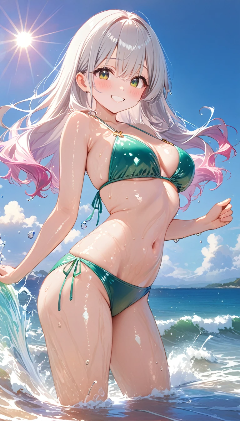 (High resolution, accurate, Best Quality, Anatomically correct, masterpiece), 1 girl, cute style, panoramic view, full body standing on the shore of the waves, ((droopy eyes)), (long silver hair, twin-tail, gradient hair), wearing a dark green glittering bikini, shiny glossy clothes, medium breast, water, splashing water, drops of water, day, rays of the sun, looks at the viewer, smile, blush, wet body, dynamic angle, gentle tones, colorful, lens flare, distortion, bokeh