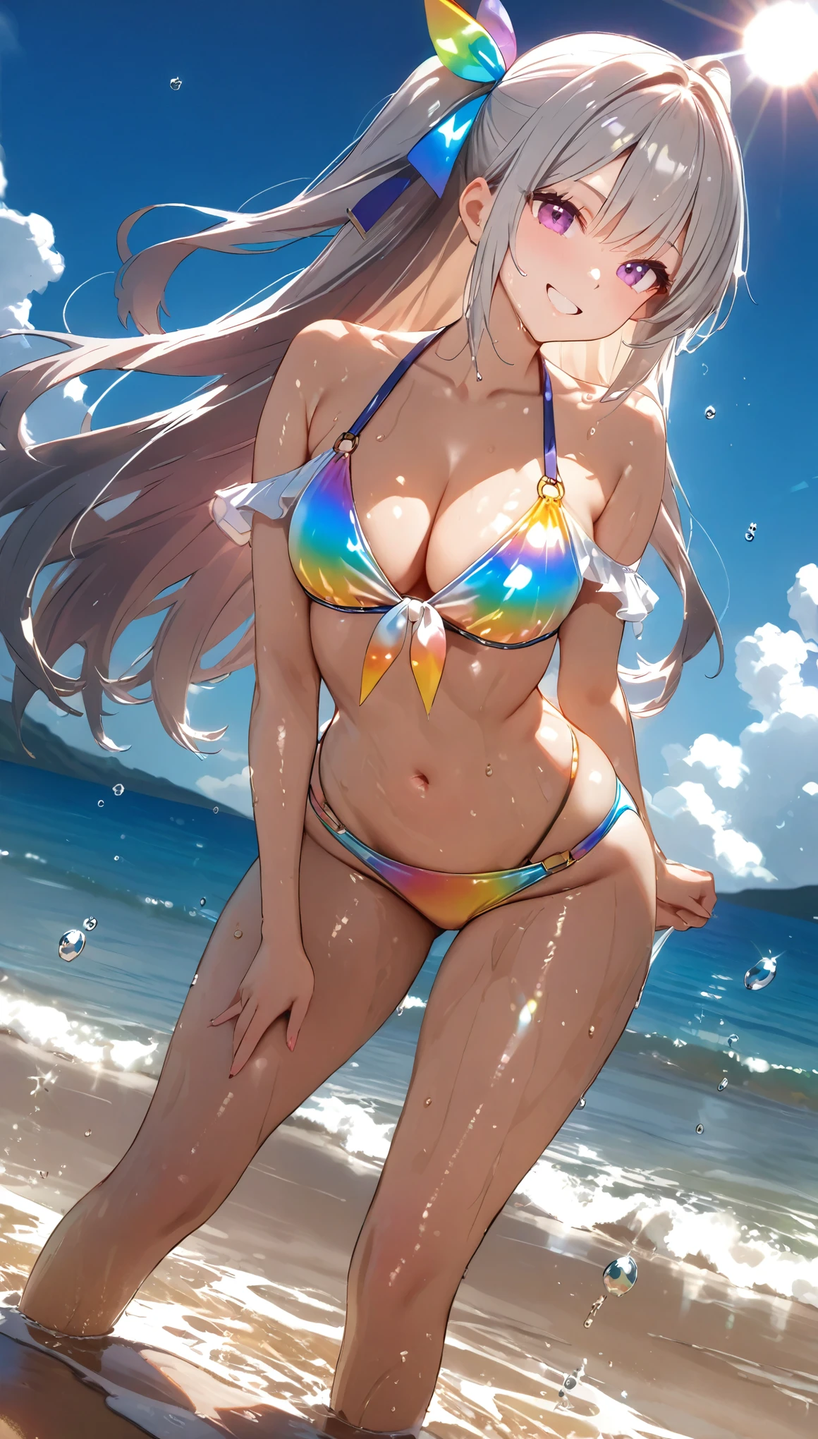 (masterpiece, best quality, highest quality, uhd), 1 girl, on the beach, full body Standing, sexy pause, sun shien beam, Blue Sky,off shoulder bikini, Shiny Reflectiv clothes, medium blest, long silver hair, twin tail hair, droping eyes, dropsmile, wet, Splash, Water, dutch angle, lenz flair, dof, distortion, bokeh, glitter effect, 