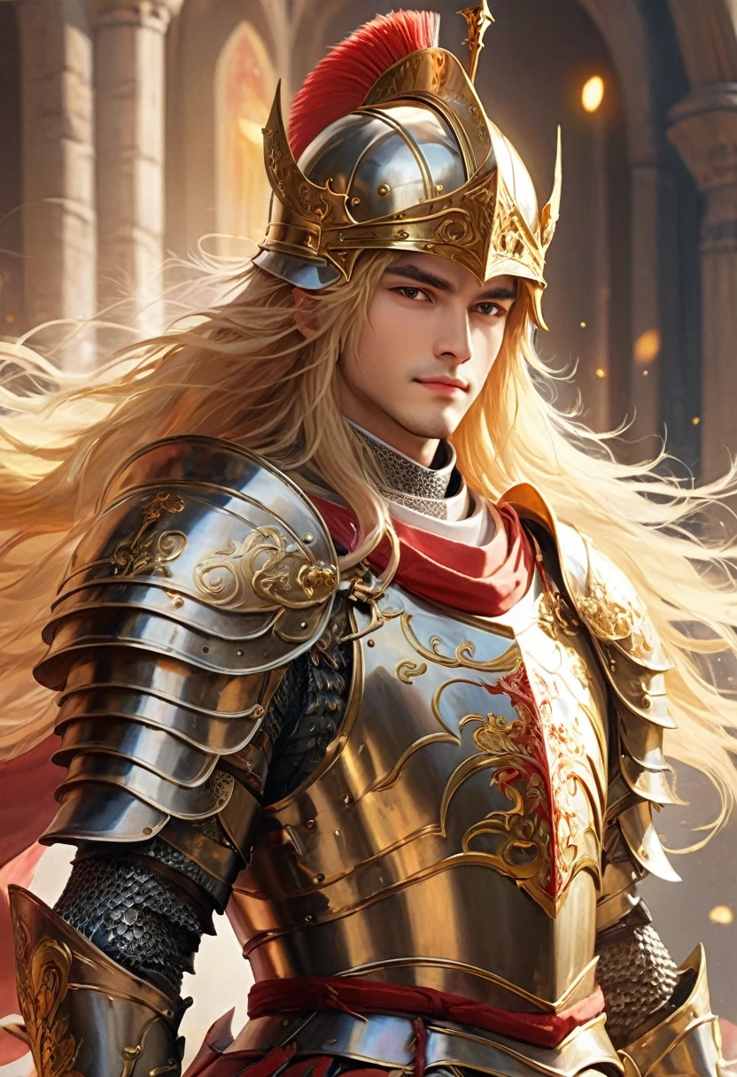 （masterpiece、high quality、Beautiful details、８k 、Well-balanced appearance）、Very powerful、A beautiful young holy knight（Long golden hair、Beautiful armor and helmets、Beautiful Face、Slender）teeth、A presence filled with dignity and conviction、He&#39;s like a guardian running through the medieval battlefield.。 甲冑と兜teeth巧で、The armor is reflective silver with gold decorations.、Gorgeous and beautiful、The whole place exudes a sacred atmosphere.。With a beautiful sword to his chest、I pledge my allegiance。Slenderで美しくスタイルの良い全身。Standing in front of a medieval European castle、Looking from below、Digital art style、
