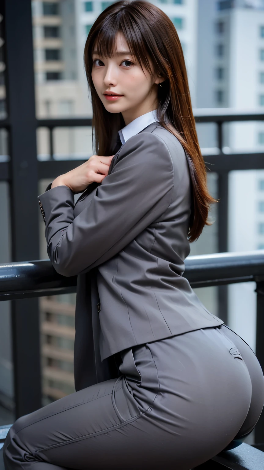 Best Quality, masterpiece, Ultra-high resolution, (Realistic:1.4), RAW Photos, Very detailed, Perfect Anatomy, One Woman, Age 25, ((Wearing dark grey business suit pants with buttocks facing up:1.4)), Shut your mouth., Show me your ass, ((Very beautiful brown hair, Long Hair)), (bangs),Very beautiful slender body, Very beautiful breasts, (Very beautiful ass in business suit pants), Very beautiful slim thighs, Very beautiful realistic skins,  (Beautiful big ass), Beautiful thighs, ((Photo of a person straddling a railing)), (barefoot)