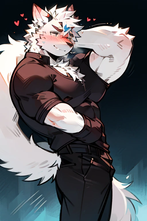 An Anime style Top Body and Right Side Body Picture of A Very Muscular Kemono Furry Style Gray Wolf. He is wearing A Full Long Armed Dark Green Soldier Outfit. His one hand is scratching his head while his another hand is in his pocket. The background is white. He have Gray messy and spikey hair. He is looking at the viewer. His eyes are little red But Mostly white. He is standing in the background. He look like a video game character. He is smiling and blushes with blushes on his face. His tail is sticking upward. He is shy and little embarrassed