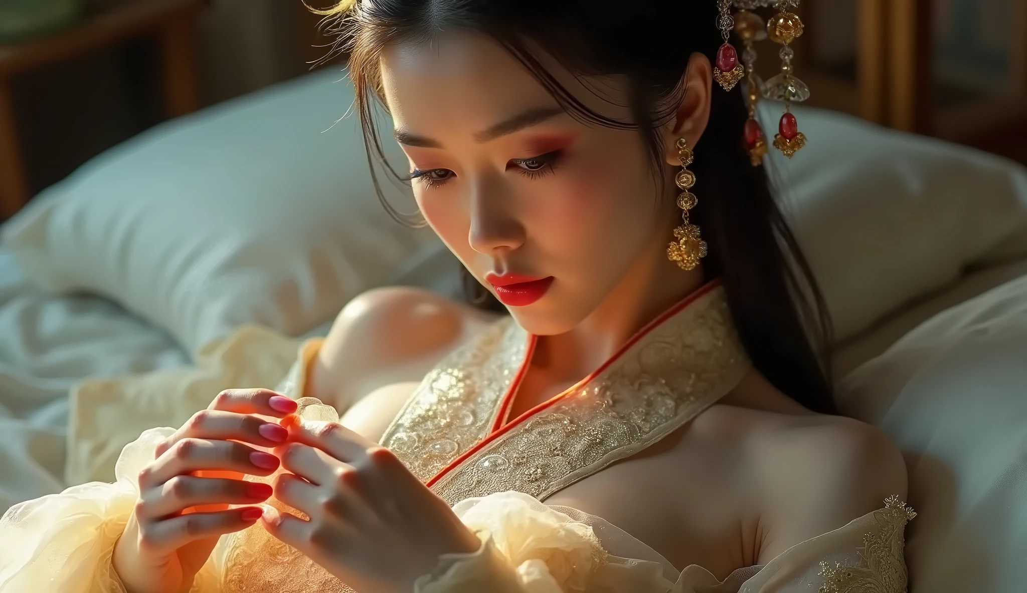 In ancient China during the Tang Dynasty, a naked woman sits in a beautifully decorated bridal chamber on a Hanfu wedding bed, leaning on her body to support her husband, using martial arts postures.