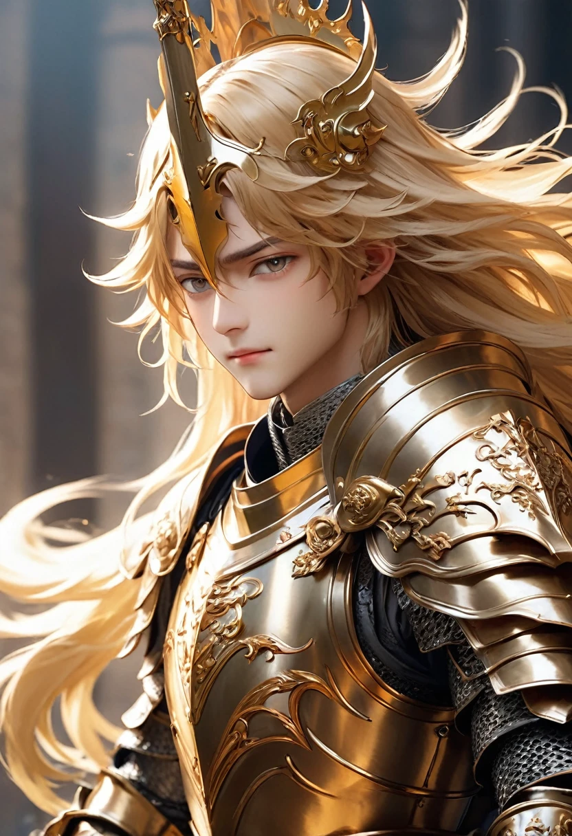 （masterpiece、high quality、Beautiful details、８k 、Well-balanced appearance）、Very powerful、A beautiful young holy knight（Long golden hair、Beautiful armor and helmets、Beautiful Face、Slender）teeth、A presence filled with dignity and conviction、He&#39;s like a guardian running through the medieval battlefield.。 甲冑と兜teeth巧で、The armor is reflective silver with gold decorations.、Gorgeous and beautiful、The whole place exudes a sacred atmosphere.。With a beautiful sword to his chest、I pledge my allegiance。Slenderで美しくスタイルの良い全身。Standing in front of a medieval European castle、Looking from below、Digital art style、
