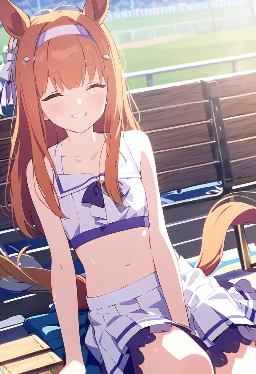 Masterpiece、Horse Girl、Silence Suzuka、Horse ears and tail、Flat Chest、Orange Hair、Stadium、Resting on a bench、sweatを拭いている、The wind is blowing、smile、fun、sweat、sunny、