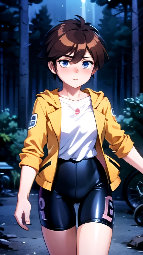 masterpiece, best quality,high resolution,detailed,game cg,
1girl, isamihanaoka, brown hair, short hair, blue eyes, open jacket, yellow jacket, sleeves rolled up, shirt, bike shorts, skin dentation, tense face, blush, night sky, night deep forest, 