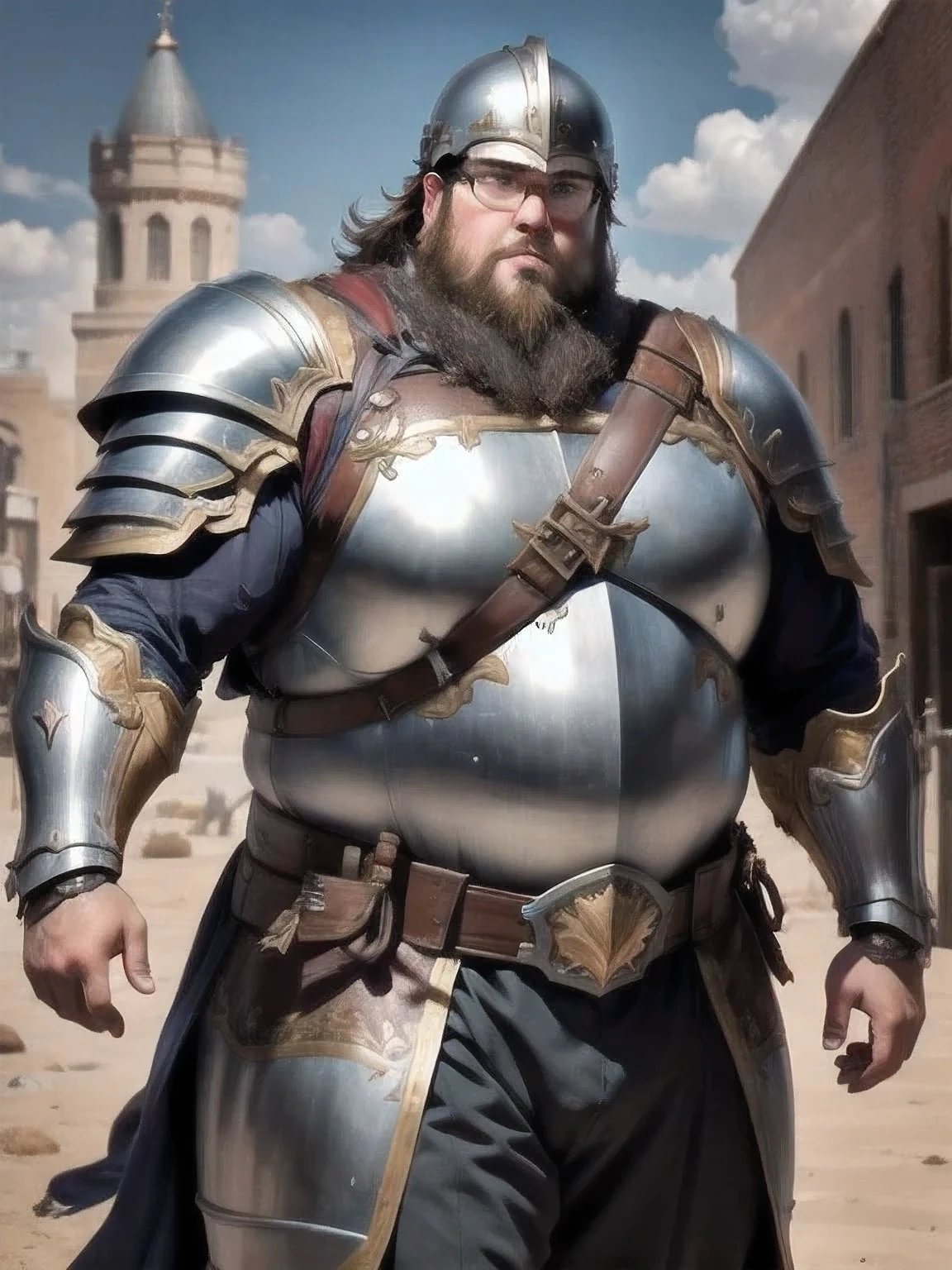 Paladin, 1 male, solo, Glasses, obesity, beard, armor, Steel Helmet,Cowboy Shot