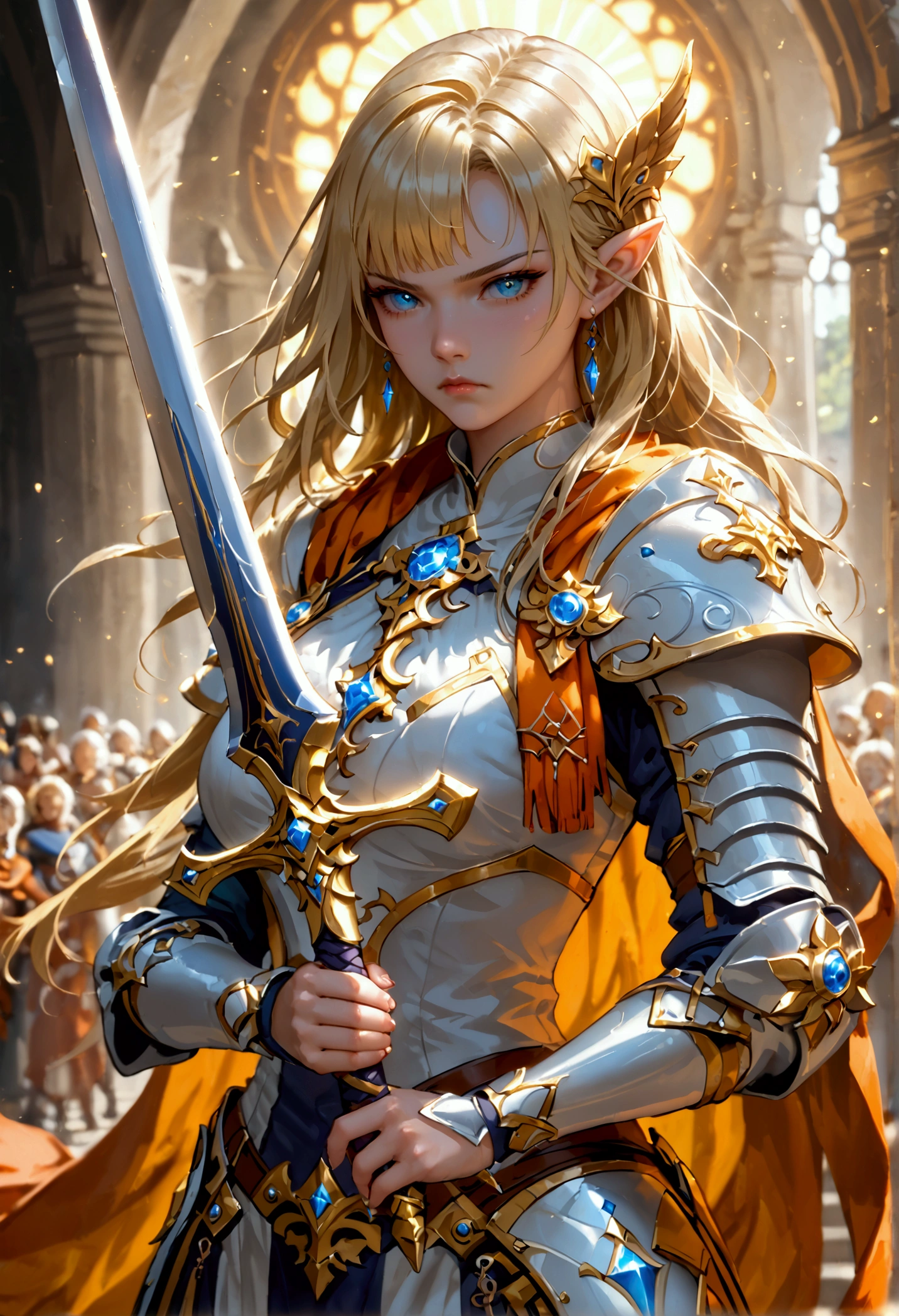 female elf, (Masterpiece 1.5, intense details)cleric, paladin, (Masterpiece 1.5, intense details), casting a spell (Masterpiece 1.3, intense details),wearing heavy white armor (Masterpiece 1.2, intense details), orange cloak with sun symbol, flowing (Masterpiece 1.5, intense details) holy symbol, armed with  (radiant long sword: 1.3),  blond hair,  frown, serious, high detail, Realism, Action painting, depth of field, god rays, wide shot, panorama, Ultra-Wide Angle, UHD, super detail, high quality, 16K, highres, art by mooncryptowow, GlowingRunesAI_yellow